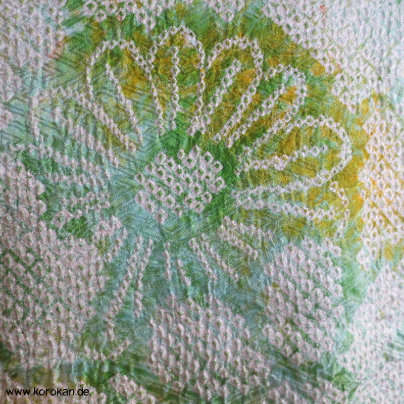 Full Shibori hellgrüne Blüten Seidendamast Haori Kimonojacke mit Himo