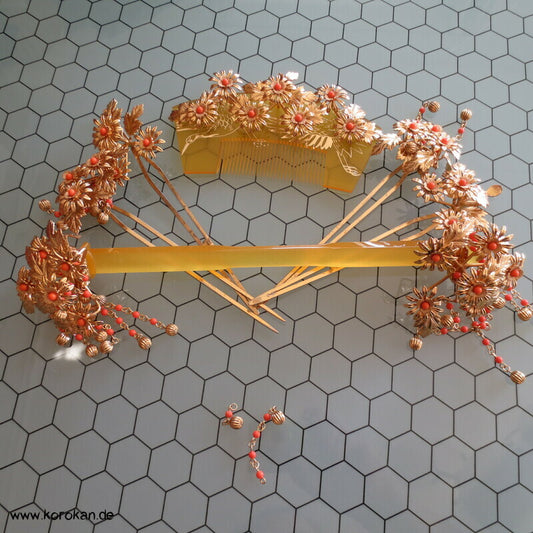 Geisha - Braut Haarschmuck - gold Bernstein Harz mit Korallenkugeln