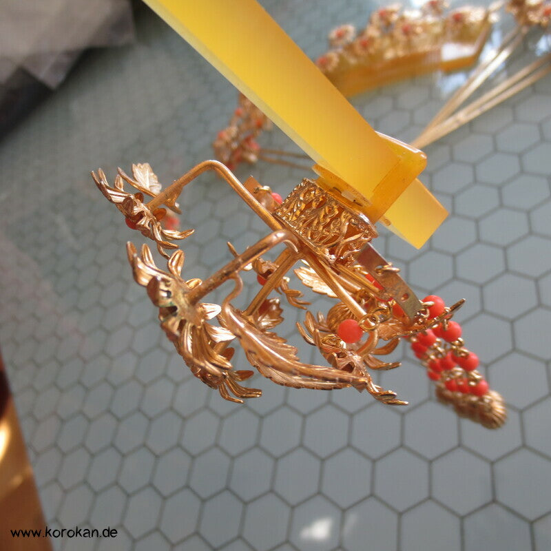 Geisha - Braut Haarschmuck - gold Bernstein Harz mit Korallenkugeln