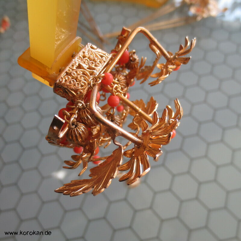 Geisha - Braut Haarschmuck - gold Bernstein Harz mit Korallenkugeln