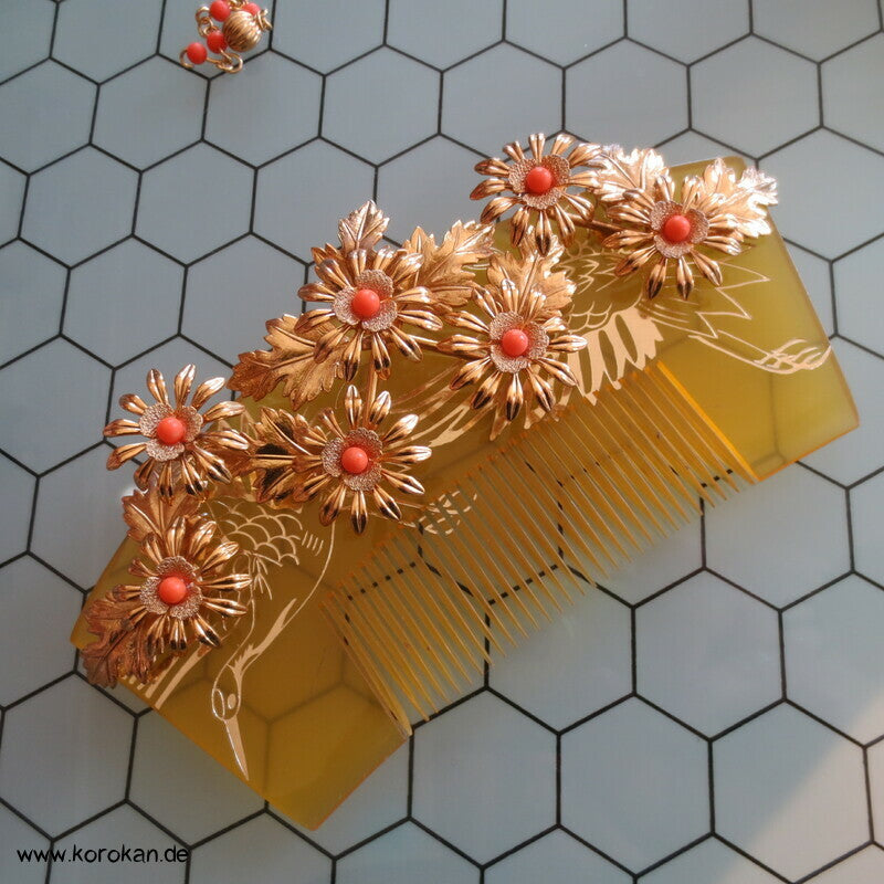 Geisha - Braut Haarschmuck - gold Bernstein Harz mit Korallenkugeln