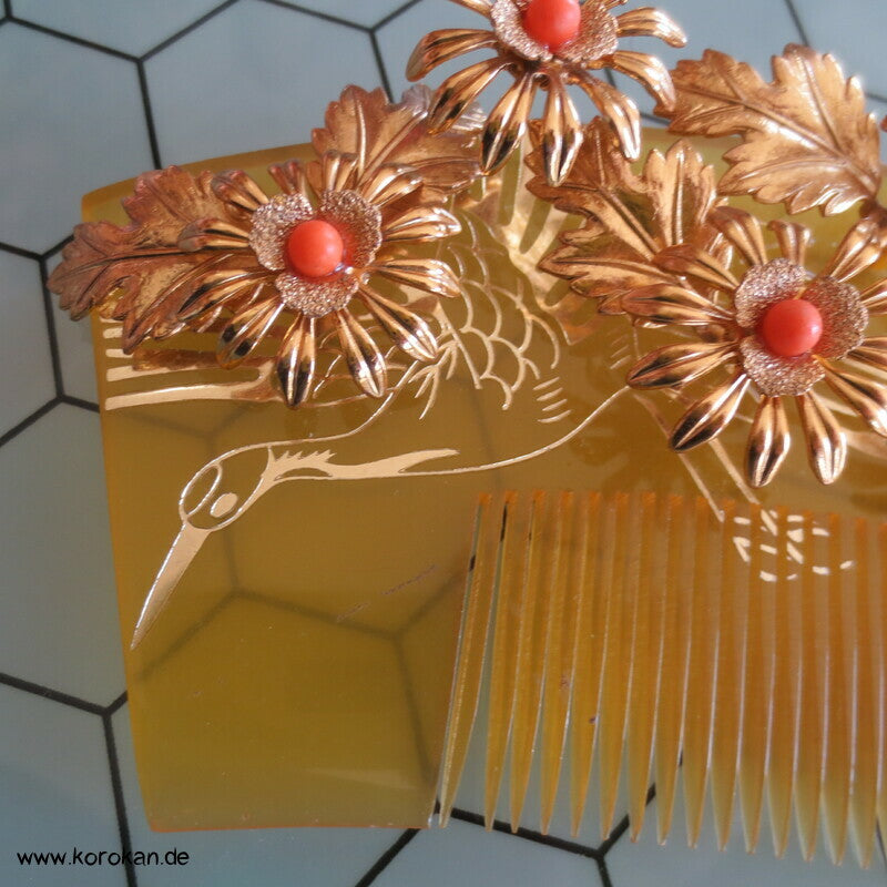Geisha - Braut Haarschmuck - gold Bernstein Harz mit Korallenkugeln