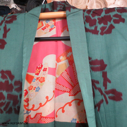 türkis - petrol mit weinroten Päonien Haori Kimonojacke