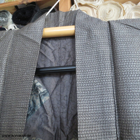 beige graue Tsumugi Haori Männer Kimono-Jacke, Bildfutter