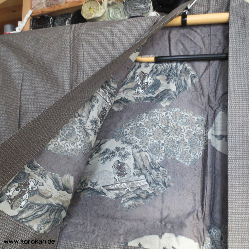 beige graue Tsumugi Haori Männer Kimono-Jacke, Bildfutter