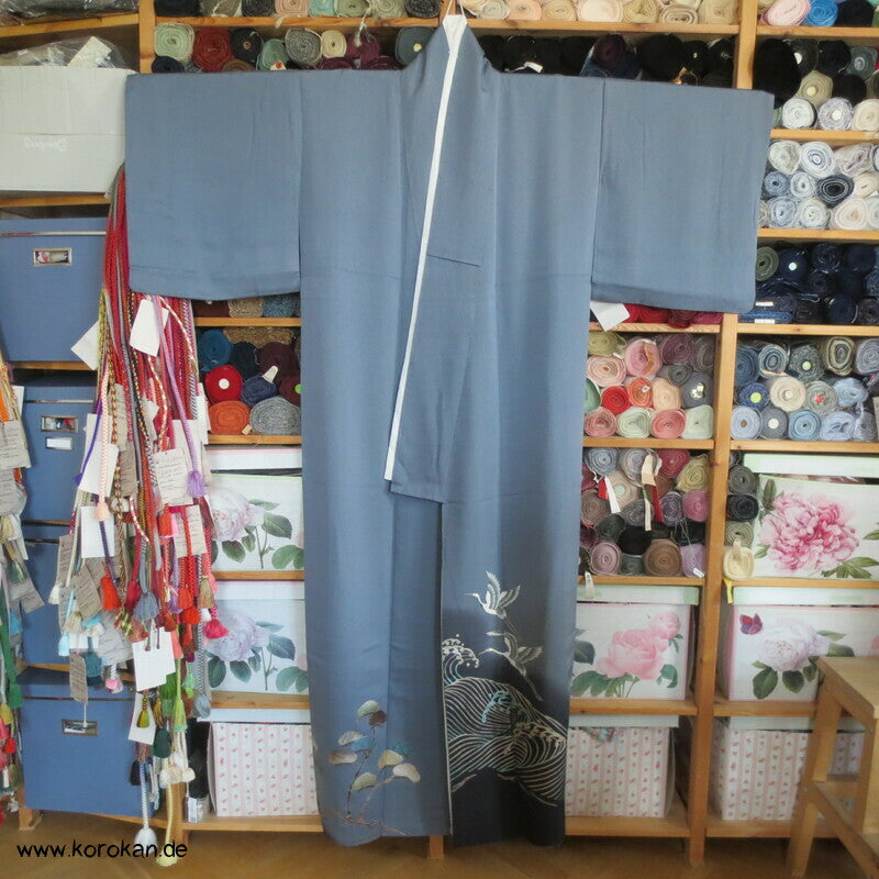 Kraniche über Wellen japanischer Iro Tomesode Seidencrepe Kimono