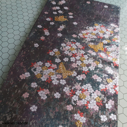 Sakura, Schmetterlinge, dunkelsilber Seiden Brokat Fukuro Obi Kimonogürtel