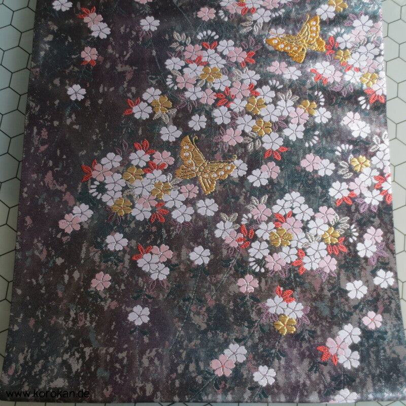 Sakura, Schmetterlinge, dunkelsilber Seiden Brokat Fukuro Obi Kimonogürtel