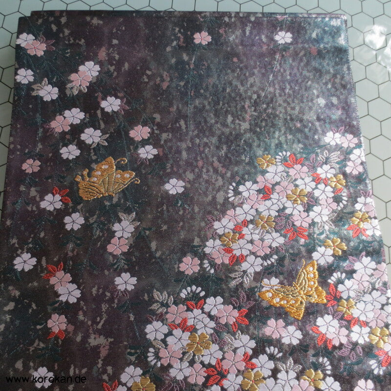 Sakura, Schmetterlinge, dunkelsilber Seiden Brokat Fukuro Obi Kimonogürtel