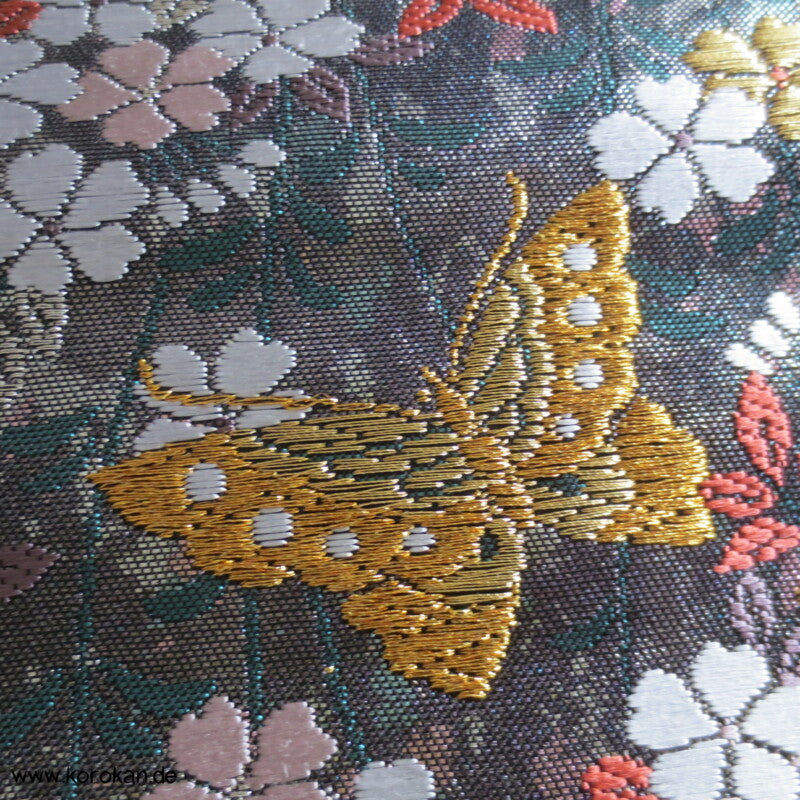 Sakura, Schmetterlinge, dunkelsilber Seiden Brokat Fukuro Obi Kimonogürtel