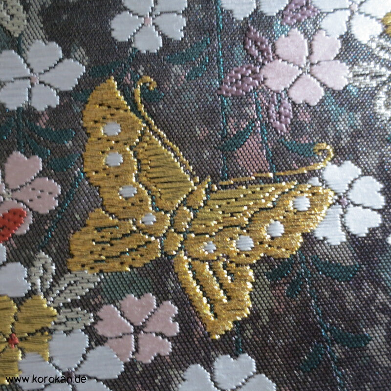 Sakura, Schmetterlinge, dunkelsilber Seiden Brokat Fukuro Obi Kimonogürtel