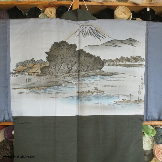 schwarzolive Seiden Haori Jacke, handgemaltes Futter