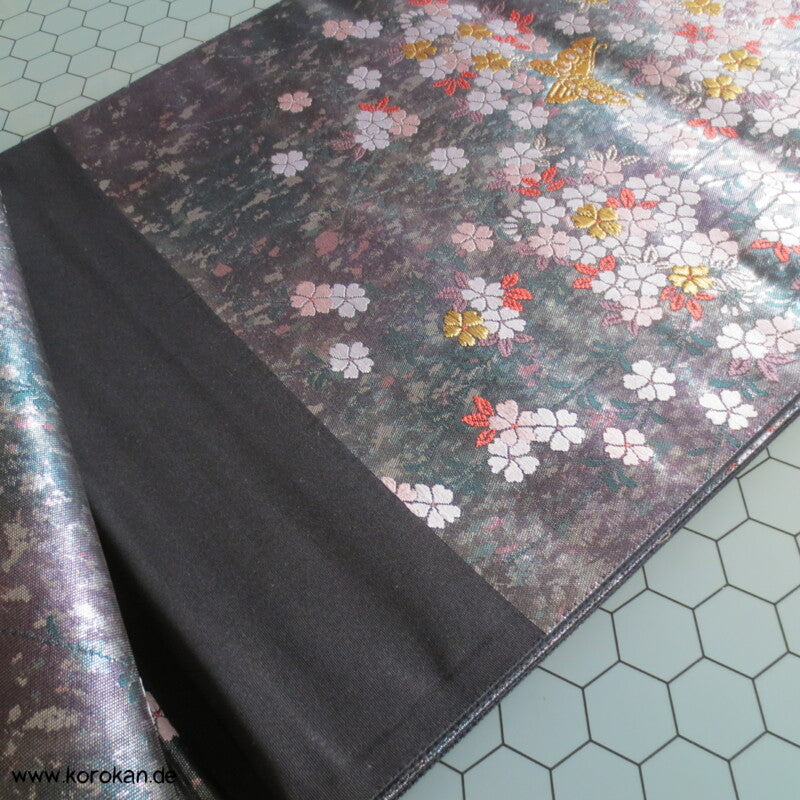 Sakura, Schmetterlinge, dunkelsilber Seiden Brokat Fukuro Obi Kimonogürtel