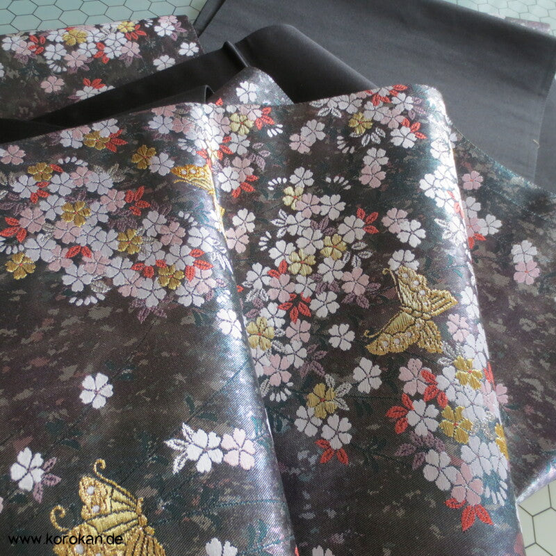 Sakura, Schmetterlinge, dunkelsilber Seiden Brokat Fukuro Obi Kimonogürtel