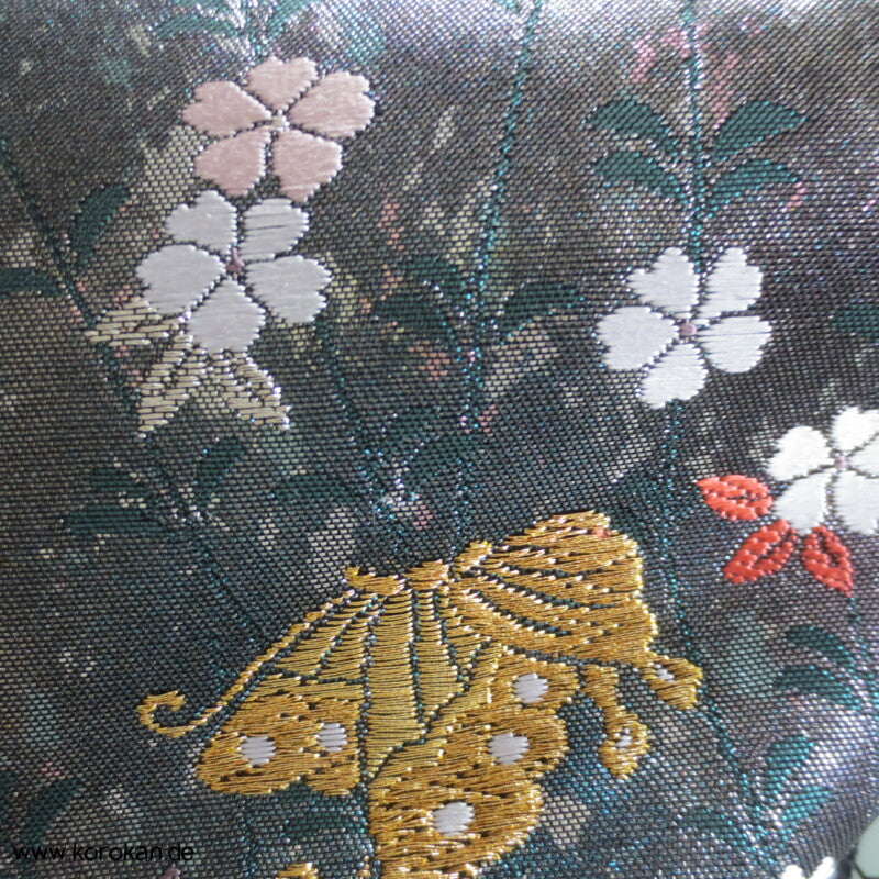 Sakura, Schmetterlinge, dunkelsilber Seiden Brokat Fukuro Obi Kimonogürtel