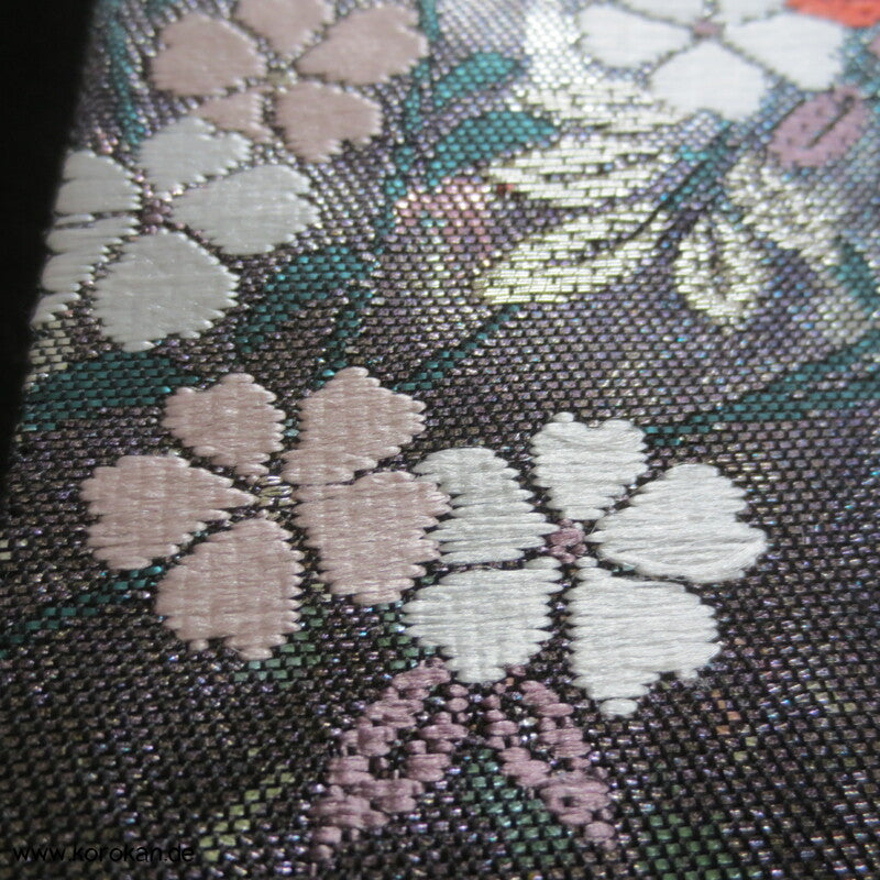 Sakura, Schmetterlinge, dunkelsilber Seiden Brokat Fukuro Obi Kimonogürtel