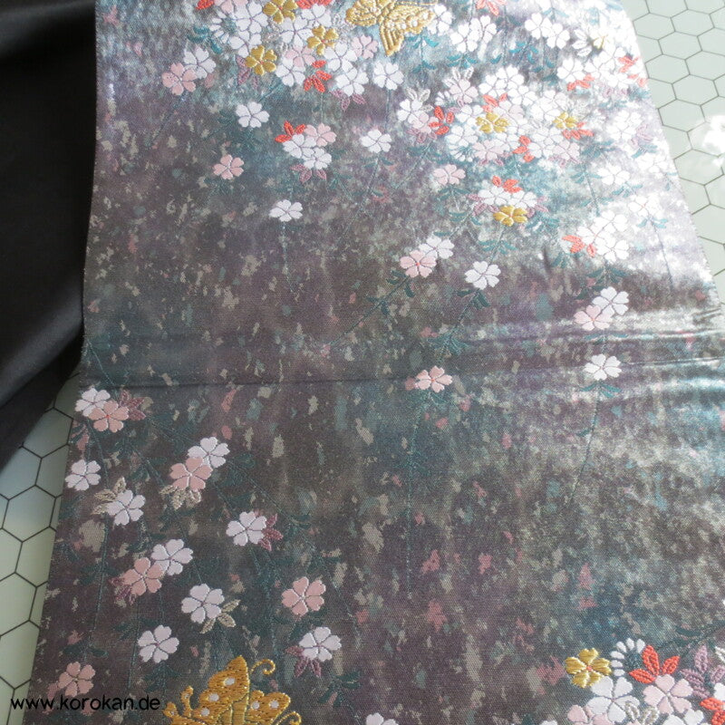 Sakura, Schmetterlinge, dunkelsilber Seiden Brokat Fukuro Obi Kimonogürtel