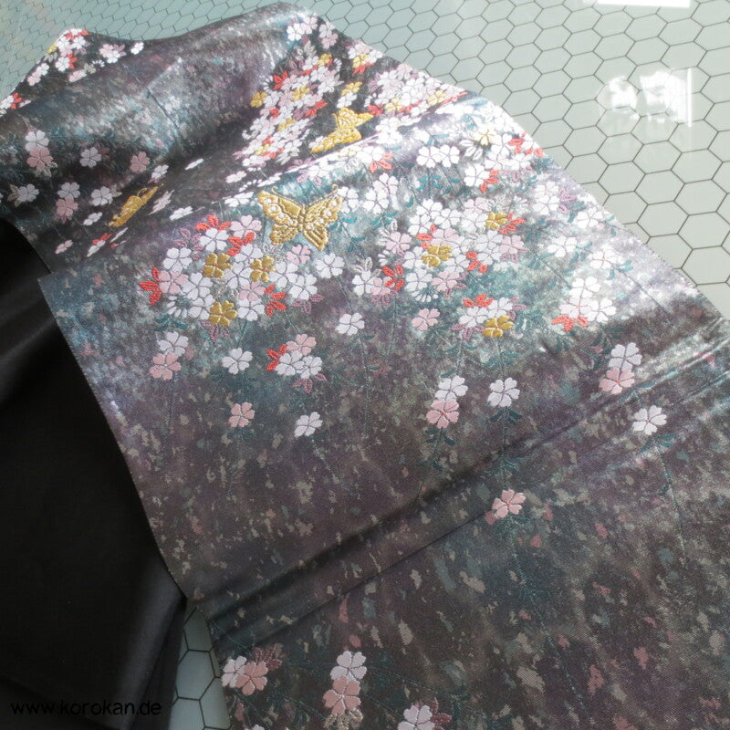 Sakura, Schmetterlinge, dunkelsilber Seiden Brokat Fukuro Obi Kimonogürtel