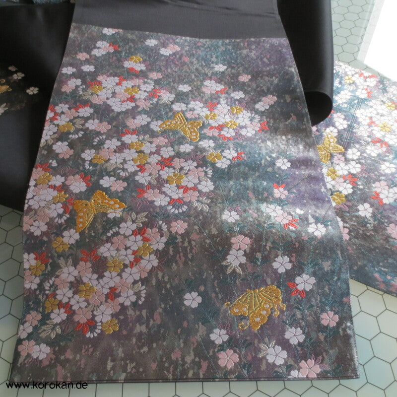 Sakura, Schmetterlinge, dunkelsilber Seiden Brokat Fukuro Obi Kimonogürtel