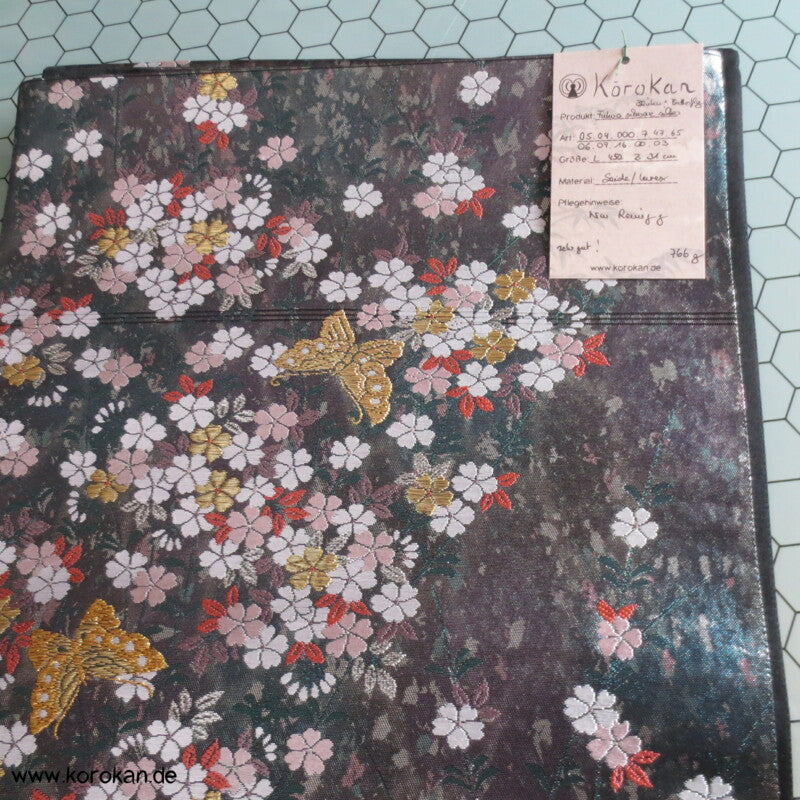 Sakura, Schmetterlinge, dunkelsilber Seiden Brokat Fukuro Obi Kimonogürtel