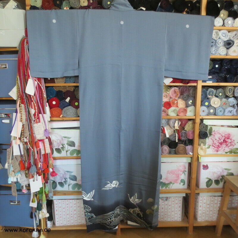 Kraniche über Wellen japanischer Iro Tomesode Seidencrepe Kimono