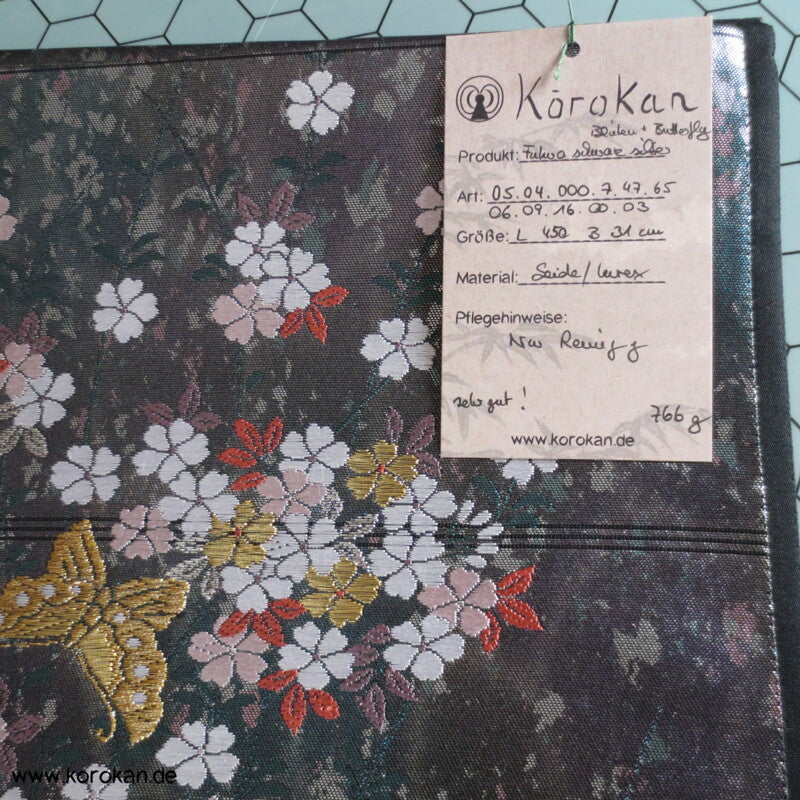 Sakura, Schmetterlinge, dunkelsilber Seiden Brokat Fukuro Obi Kimonogürtel