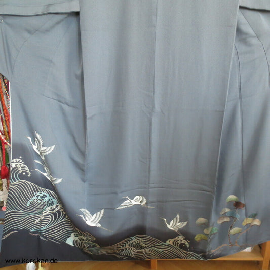 Kraniche über Wellen japanischer Iro Tomesode Seidencrepe Kimono