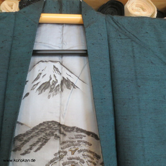 petrolgrüne Fushi Tsumugi Seiden Haori Jacke