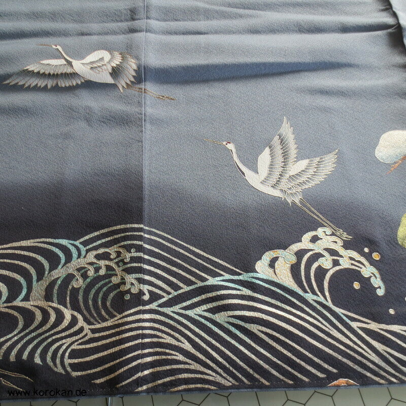 Kraniche über Wellen japanischer Iro Tomesode Seidencrepe Kimono