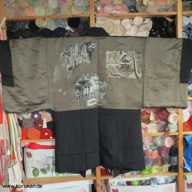Montsuki Ensemble, 5 Pinienwald Mon, gewebtes Bildfutter im Haori, Seide