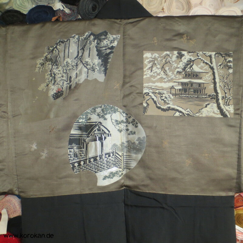 Montsuki Ensemble, 5 Pinienwald Mon, gewebtes Bildfutter im Haori, Seide