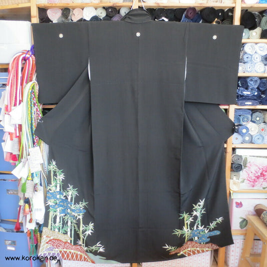 Bambuswald auf schwarzem Seidencrepe japanischer Tomesode Kimono
