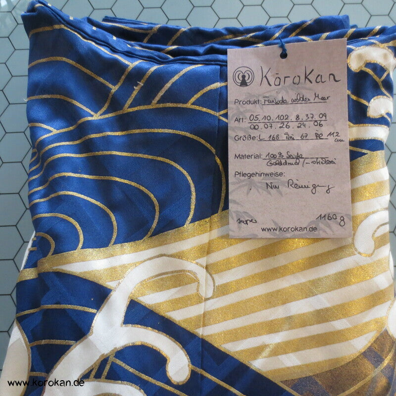 wildes Meer - Wellen, Stickerei, Goldfäden Furisode Seidendamast Kimono