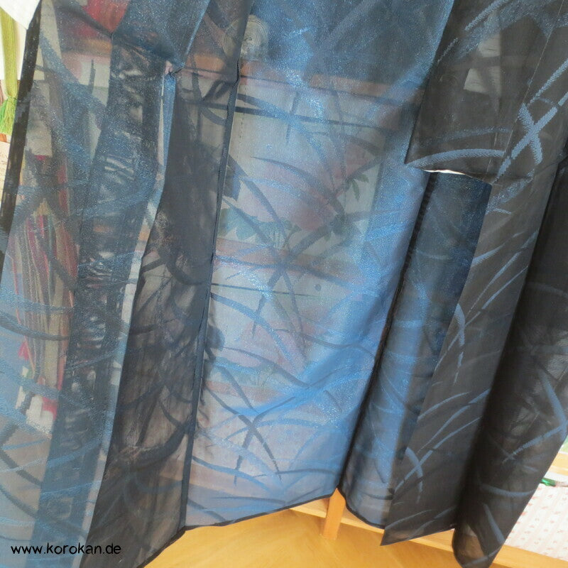 glitzernde blaue Gräser, Hitoe Kimono, halbtransparent Sha Seide