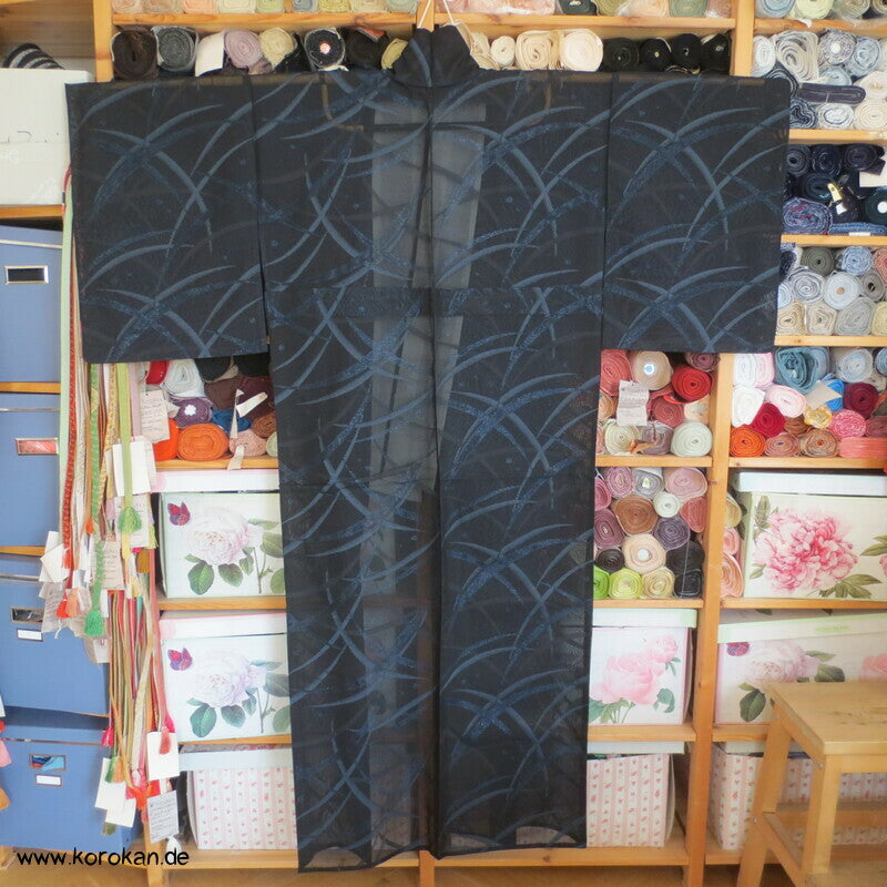 glitzernde blaue Gräser, Hitoe Kimono, halbtransparent Sha Seide
