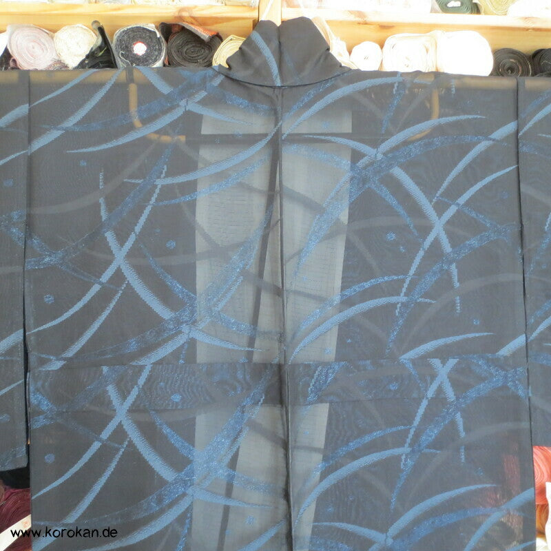 glitzernde blaue Gräser, Hitoe Kimono, halbtransparent Sha Seide