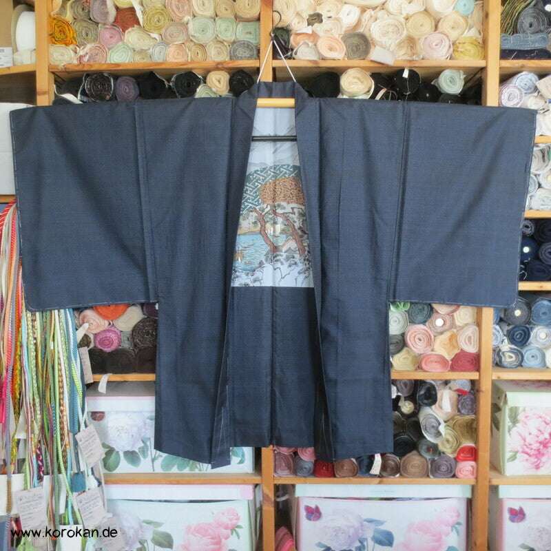 Tsumugi Seiden Haori Jacke mit Bilderfächerfutter