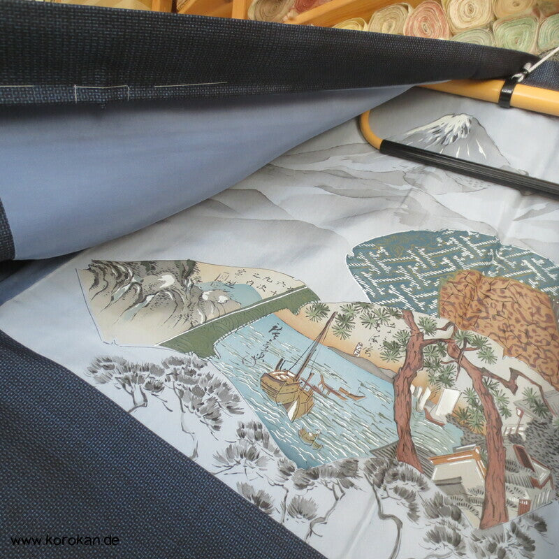 Tsumugi Seiden Haori Jacke mit Bilderfächerfutter
