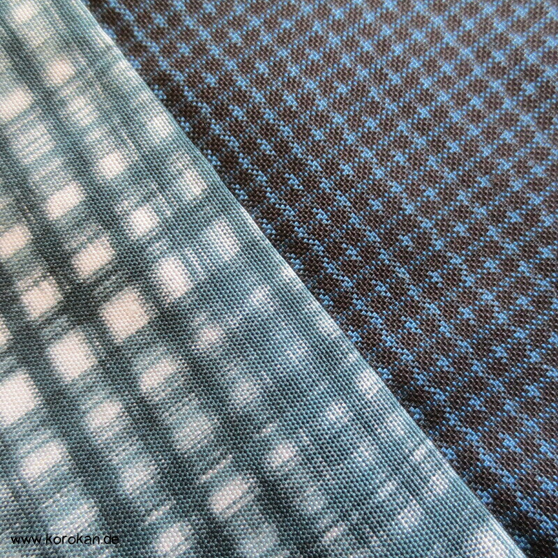 Kimono und Haori Set in blau schwarzer Kasuri Tsumugi Seide