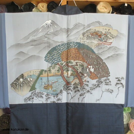 Tsumugi Seiden Haori Jacke mit Bilderfächerfutter