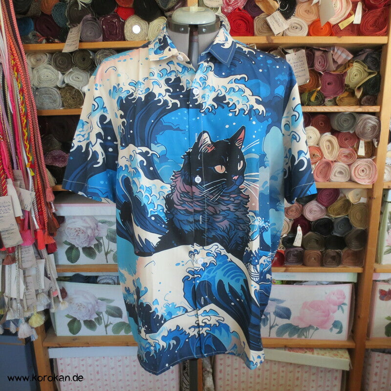 Kanagawa mit Neko Katzen Kurzarm Herrenhemd Gr. L