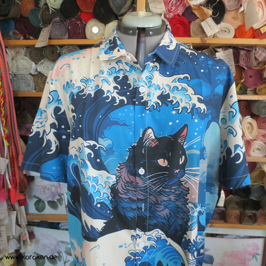 Kanagawa mit Neko Katzen Kurzarm Herrenhemd Gr. L