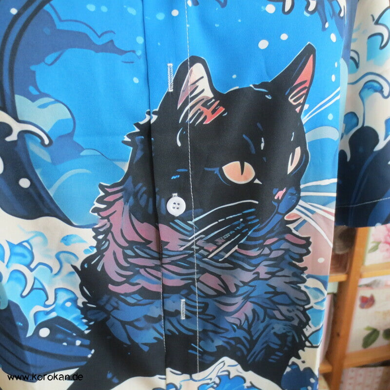 Kanagawa mit Neko Katzen Kurzarm Herrenhemd Gr. L