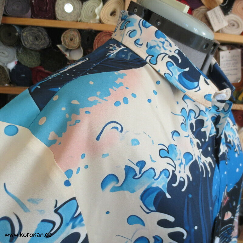 Kanagawa mit Neko Katzen Kurzarm Herrenhemd Gr. L