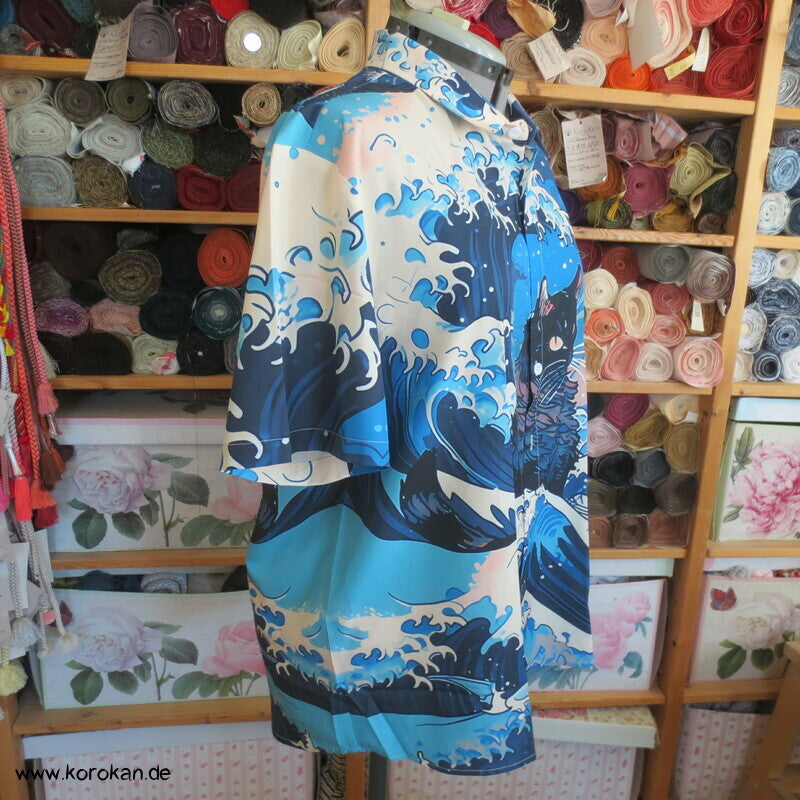 Kanagawa mit Neko Katzen Kurzarm Herrenhemd Gr. L