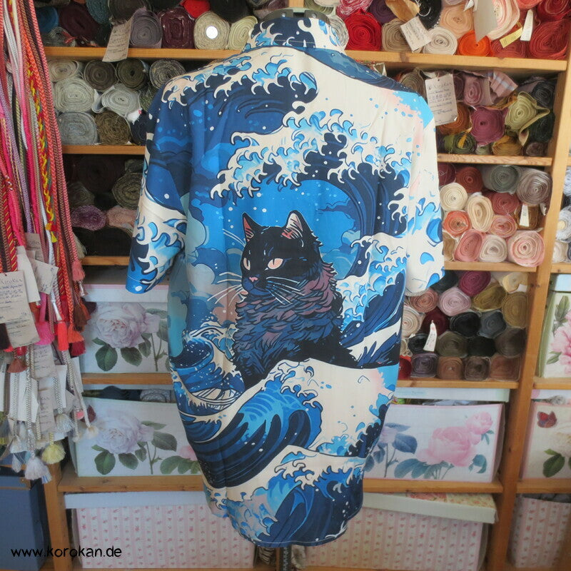 Kanagawa mit Neko Katzen Kurzarm Herrenhemd Gr. L