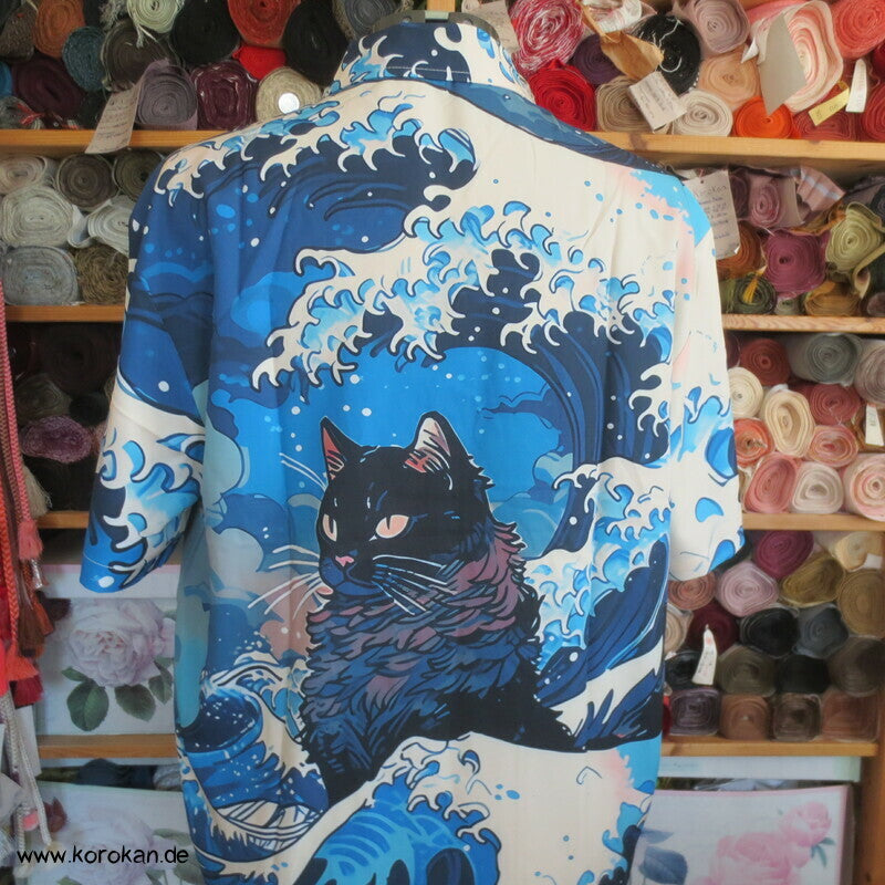 Kanagawa mit Neko Katzen Kurzarm Herrenhemd Gr. L