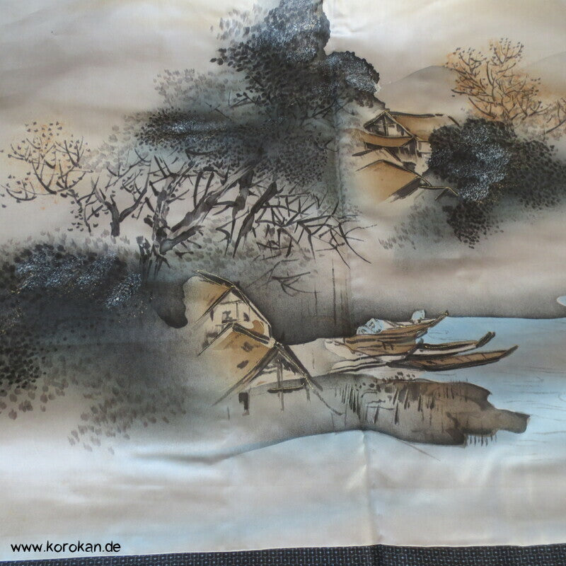 Kimono und Haori Set in blau schwarzer Kasuri Tsumugi Seide, Dorfszene