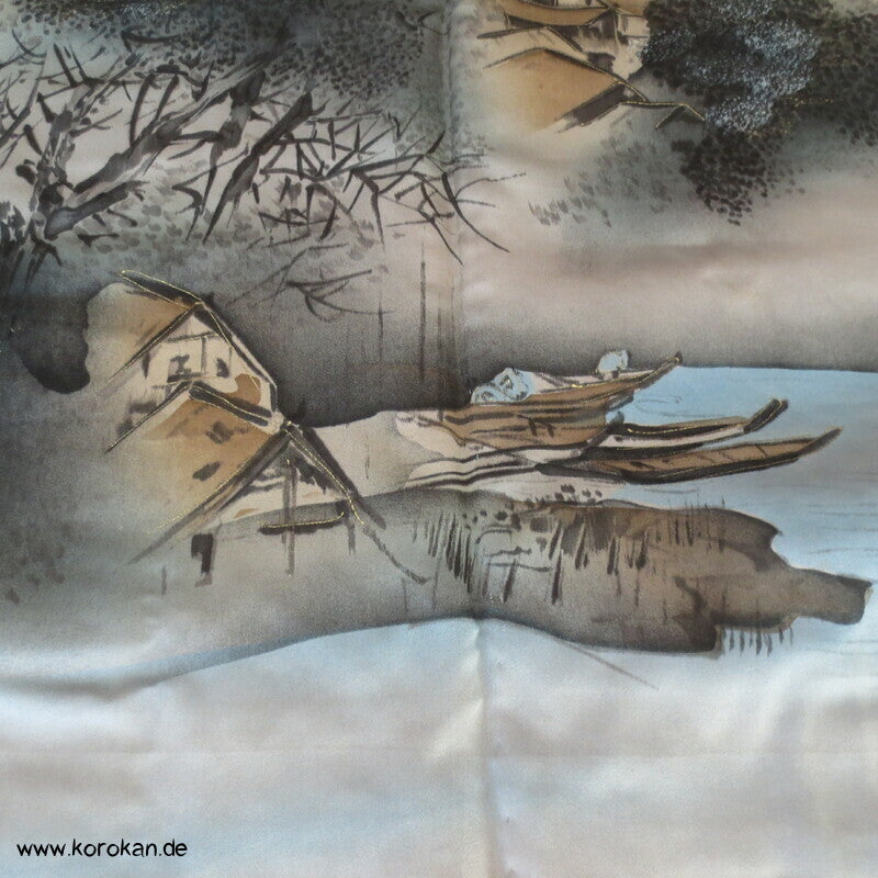 Kimono und Haori Set in blau schwarzer Kasuri Tsumugi Seide, Dorfszene