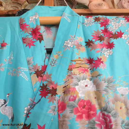 Yukata Baumwoll Kimono Blüten Tempel Kraniche